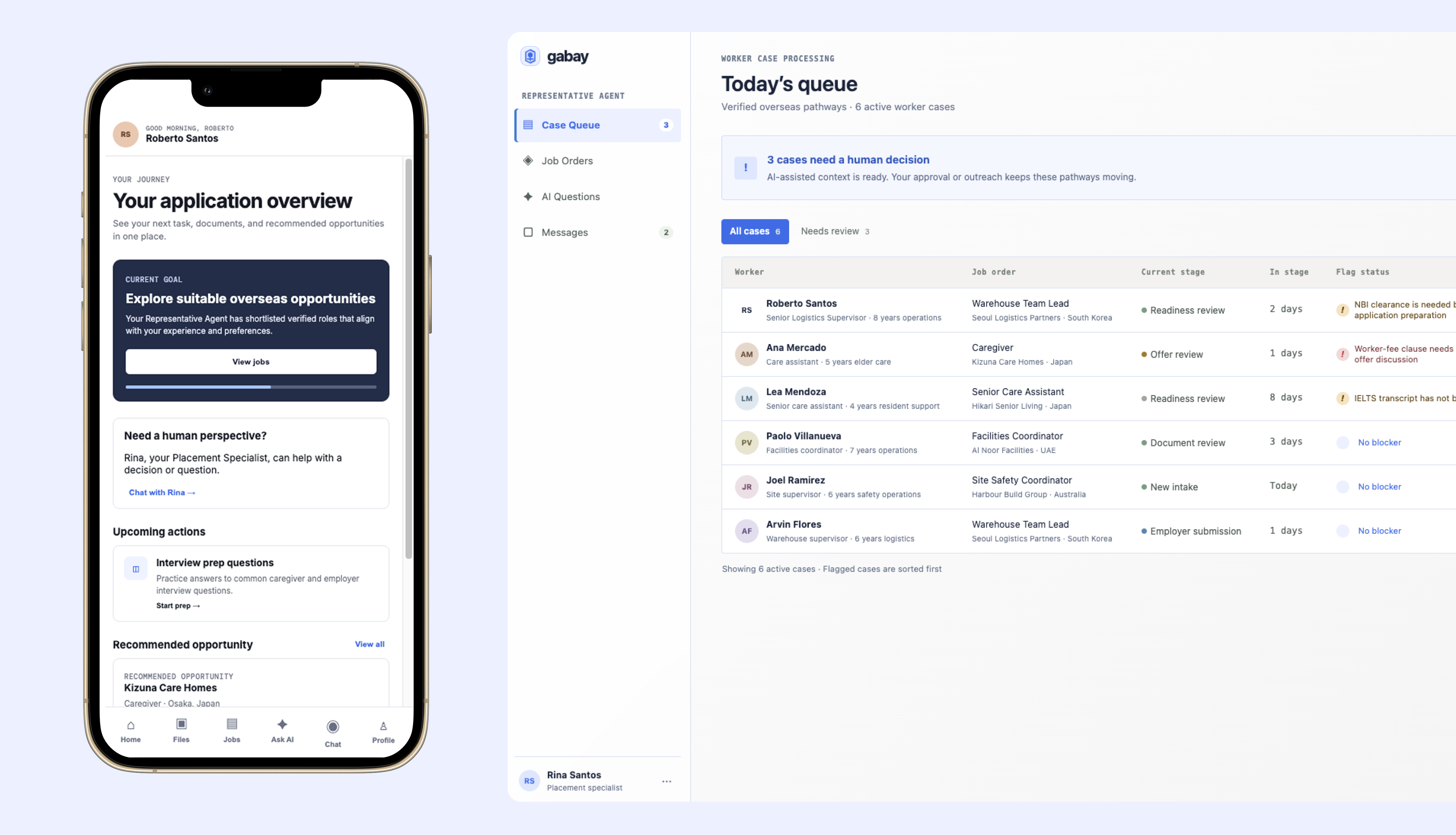 Gabay AI worker and agency case-management interfaces