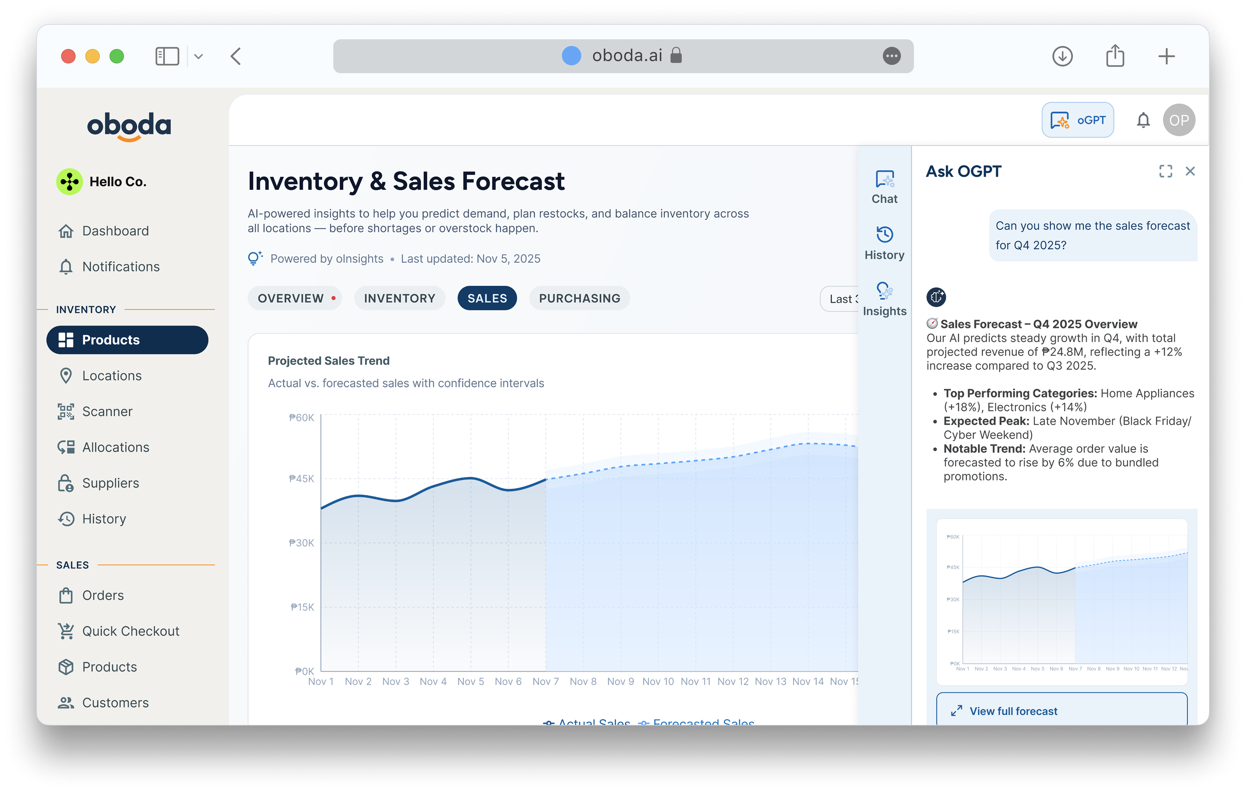 oGPT conversational interface inside the Oboda ERP